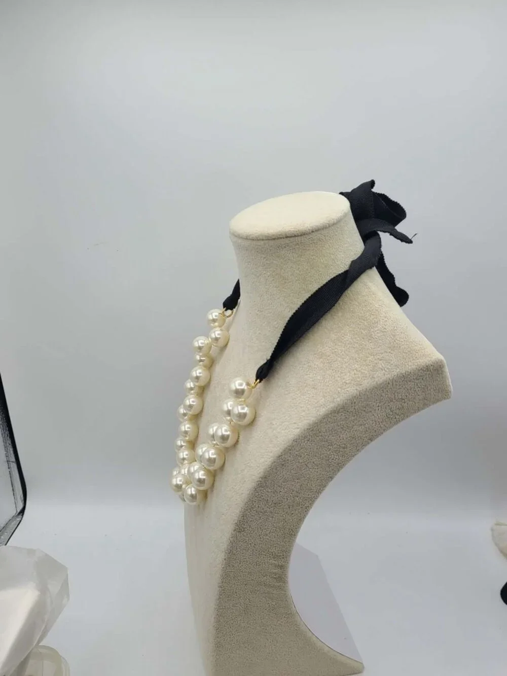 J Crew Faux Pearl Necklace with Black Ribbon Tie
